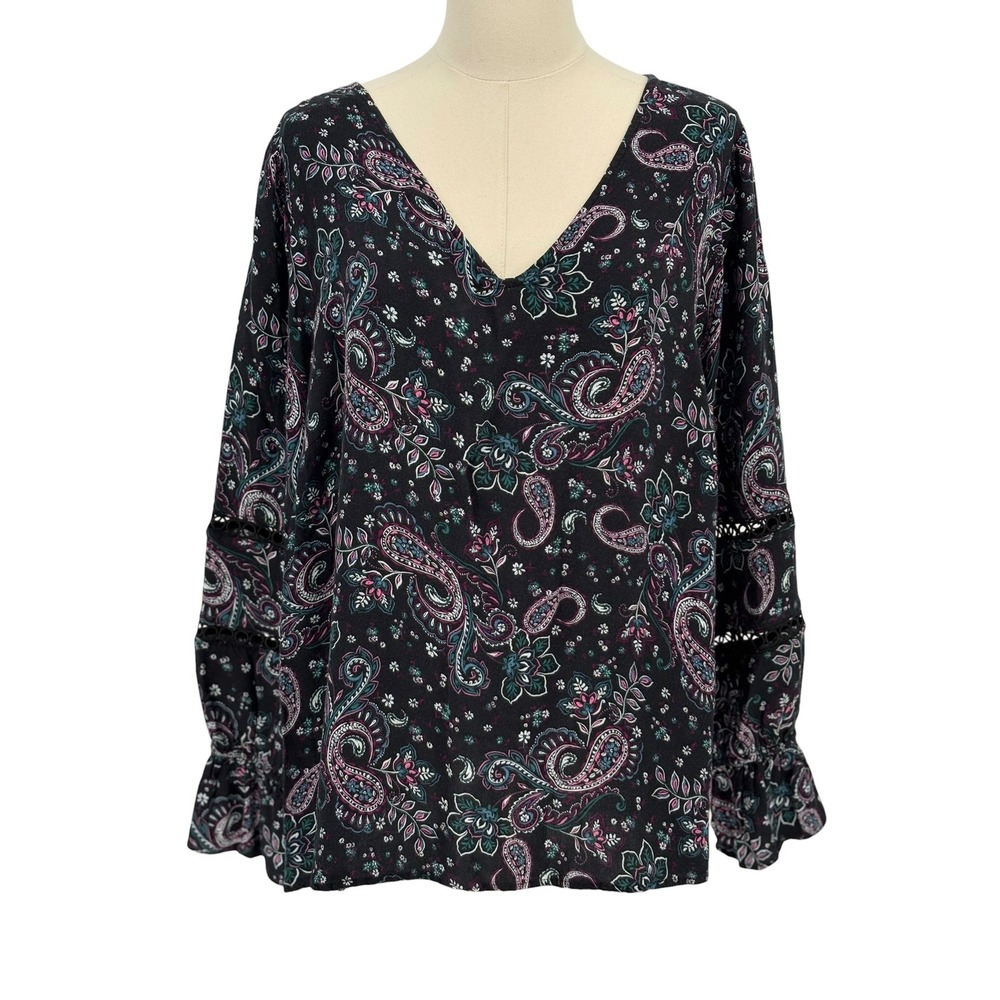 Lane Bryant Blouse Black Paisley Ladder Lace 100% Rayon 14/16